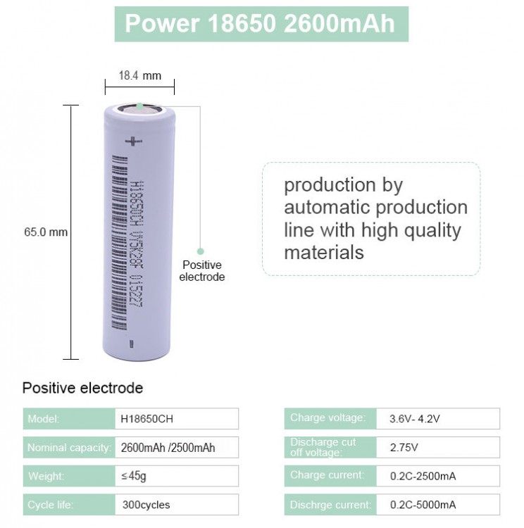 Аккумулятор незащищенный 3,6v Li-ion BAK H18650CQ 2550mAh 3C 18650